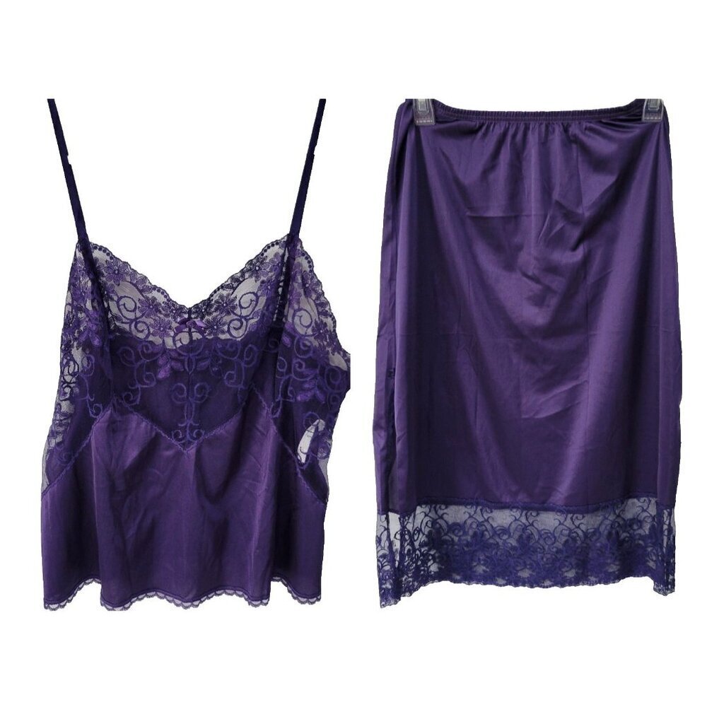 Delicates Camisole Half Slip Set Small 34 Lingerie Purple Nylon Lace Vintage USA